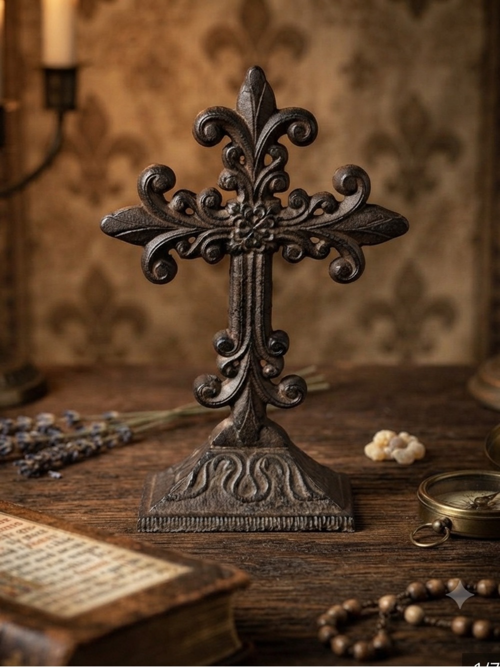 Ornate Decorative Fleur-de-Lis Cross - Dark Bronze